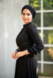 ​Venezia Wear Kolu Büzgülü Abiye Elbise - Siyah - Thumbnail