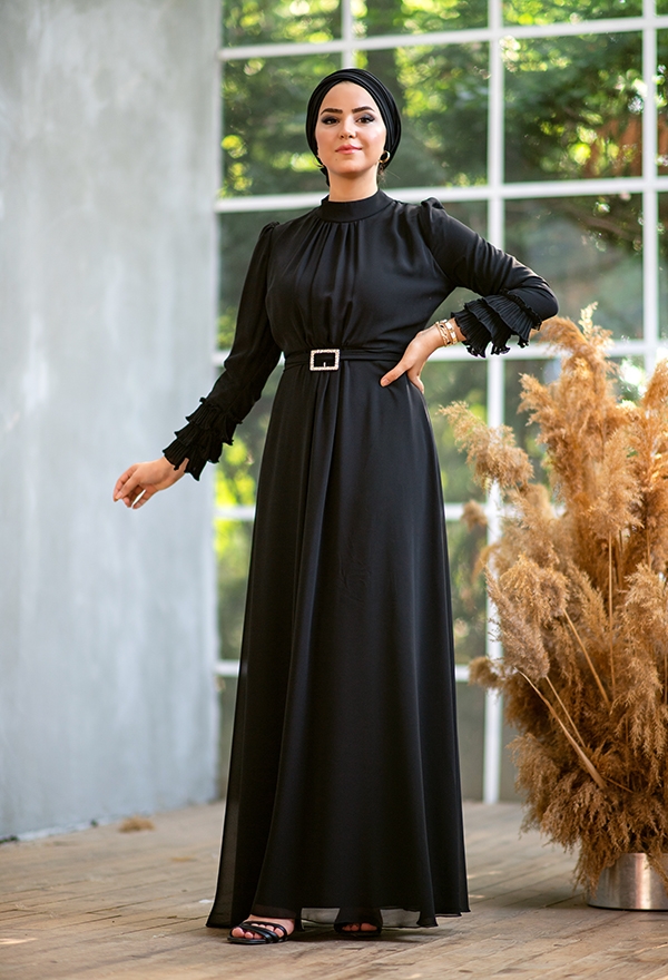 ​Venezia Wear Kolu Büzgülü Abiye Elbise - Siyah