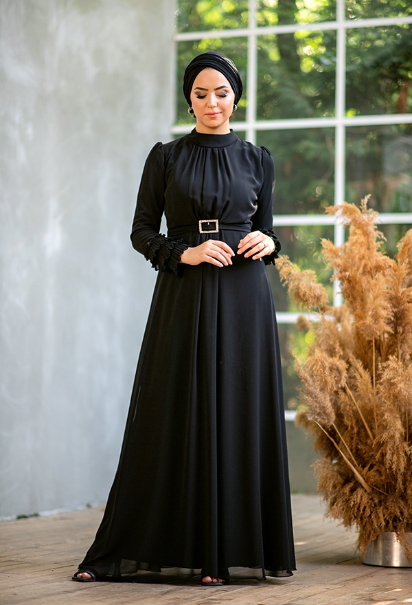 ​Venezia Wear Kolu Büzgülü Abiye Elbise - Siyah