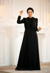 ​Venezia Wear Kruvaze Abiye Elbise - Siyah - Thumbnail