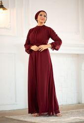 ​Venezia Wear Önü Büzgülü Abiye Elbise - Bordo - Thumbnail