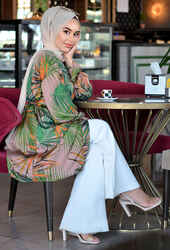 Venezia Wear Palmiye Desen Kimono - Yeşil - Thumbnail