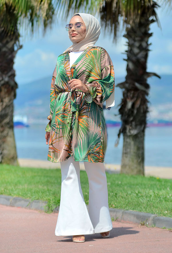 Venezia Wear Palmiye Desen Kimono - Yeşil
