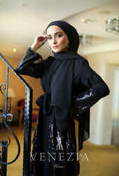 Venezia Wear Payet Detaylı Abaya - Siyah - Thumbnail