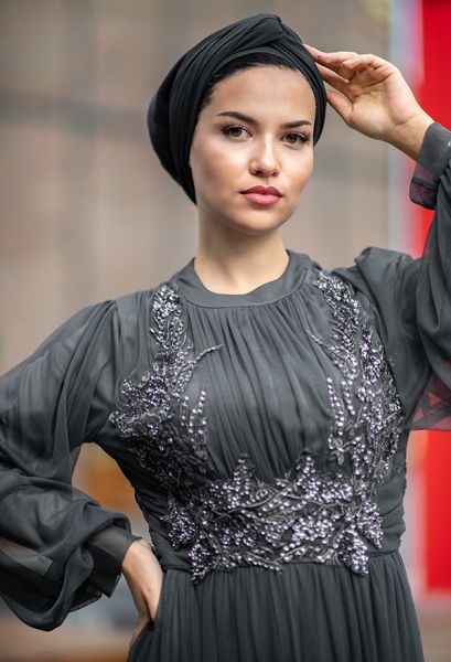 VENEZİA WEAR - ​Venezia Wear Payetli Tül Abiye Elbise - Füme (1)