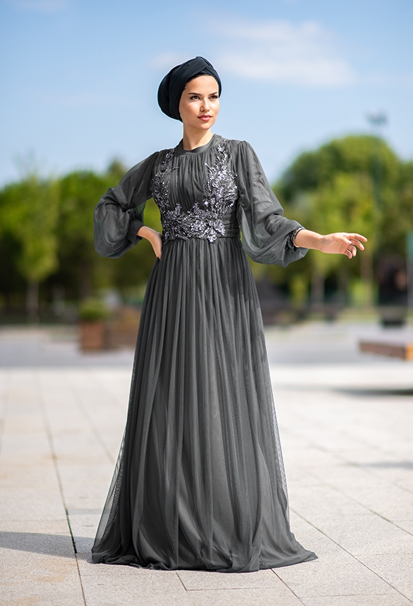 ​Venezia Wear Payetli Tül Abiye Elbise - Füme