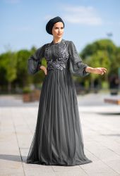 ​Venezia Wear Payetli Tül Abiye Elbise - Füme - Thumbnail