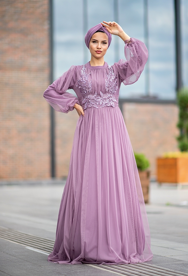 ​Venezia Wear Payetli Tül Abiye Elbise - Lila