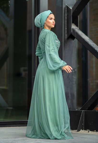 VENEZİA WEAR - Venezia Wear Payetli Tül Abiye Elbise - Mint Yeşili (1)