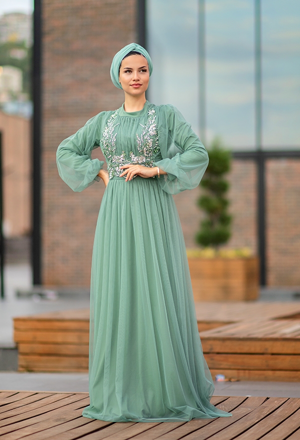 Venezia Wear Payetli Tül Abiye Elbise - Mint Yeşili
