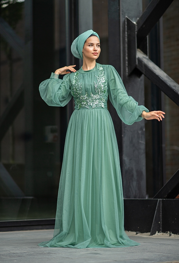 Venezia Wear Payetli Tül Abiye Elbise - Mint Yeşili