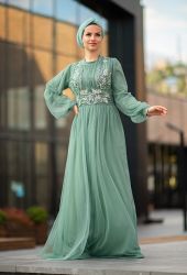 Venezia Wear Payetli Tül Abiye Elbise - Mint Yeşili - Thumbnail