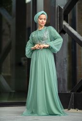 Venezia Wear Payetli Tül Abiye Elbise - Mint Yeşili - Thumbnail