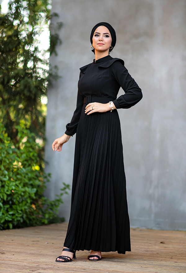 ​Venezia Wear Pileli Kemer Detaylı Elbise - Siyah