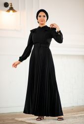 ​Venezia Wear Pileli Kemer Detaylı Elbise - Siyah - Thumbnail
