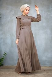 ​Venezia Wear Pileli Kemer Detaylı Elbise - Vizon - Thumbnail
