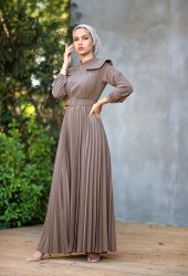 ​Venezia Wear Pileli Kemer Detaylı Elbise - Vizon - Thumbnail