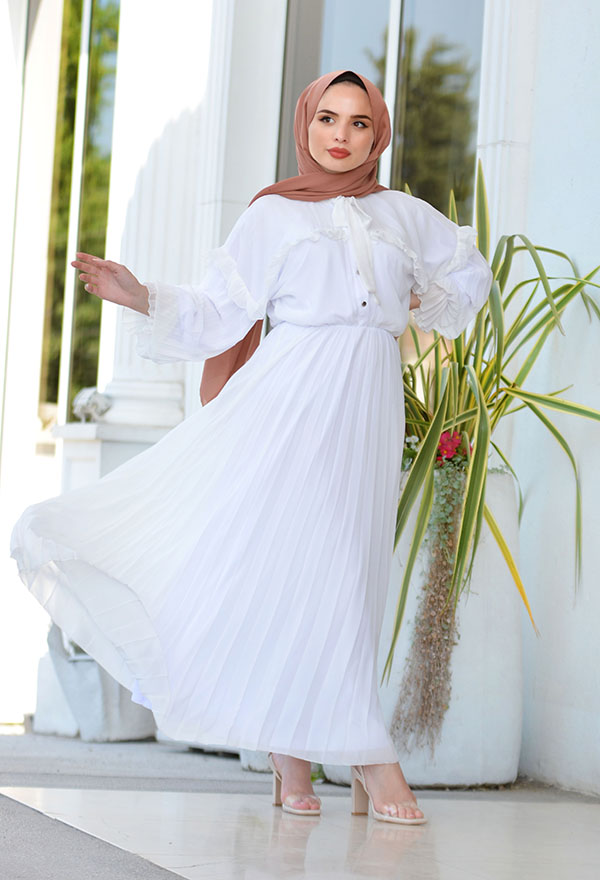 Venezia Wear Pileli Şifon Elbise - Beyaz