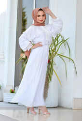 Venezia Wear Pileli Şifon Elbise - Beyaz - Thumbnail