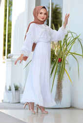 Venezia Wear Pileli Şifon Elbise - Beyaz - Thumbnail