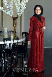 Venezia Wear Pullu Kruvaze Abiye Elbise - Kırmızı - Thumbnail