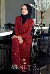 Venezia Wear Pullu Kruvaze Abiye Elbise - Kırmızı - Thumbnail