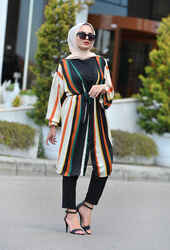 Venezia Wear Renkli Kimono - Siyah - Thumbnail