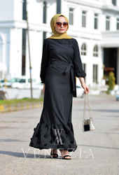 Venezia Wear Volanlı Elbise - Siyah - Thumbnail