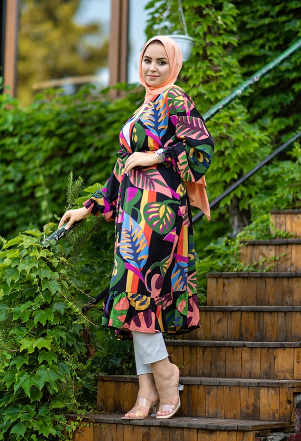​Venezia Wear Yaprak Desenli Kimono - Siyah