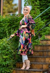 ​Venezia Wear Yaprak Desenli Kimono - Siyah - Thumbnail