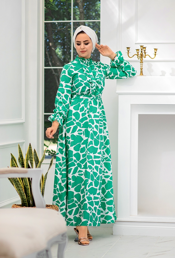 ​Venezia Wear Yazlık Kuşaklı Elbise - Yeşil