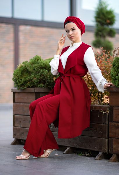 VENEZİA WEAR - ​Venezia Wear Yelekli Tesettür Takım - Kırmızı (1)